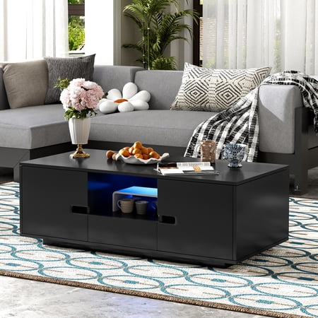 47 Inch Modern LED Coffee Table with 16 Color Customizable Lights and High-Gloss Finish, Featuring Smart Storage with Drawer and Cabinets for Living Room, Black
