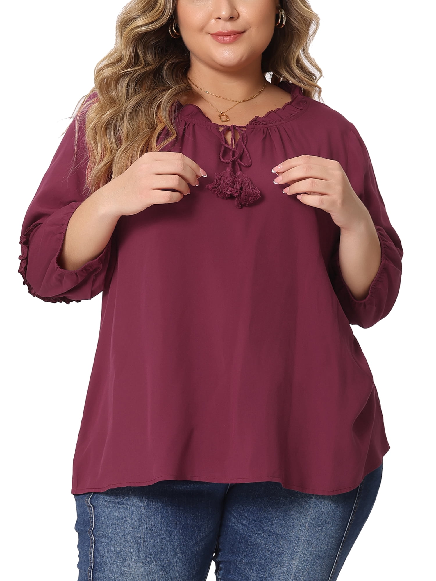 Women's Plus Tops Tie Neck Tassel Self Flutter 3/4 Sleeve Blouses Tops 1X Burgundy