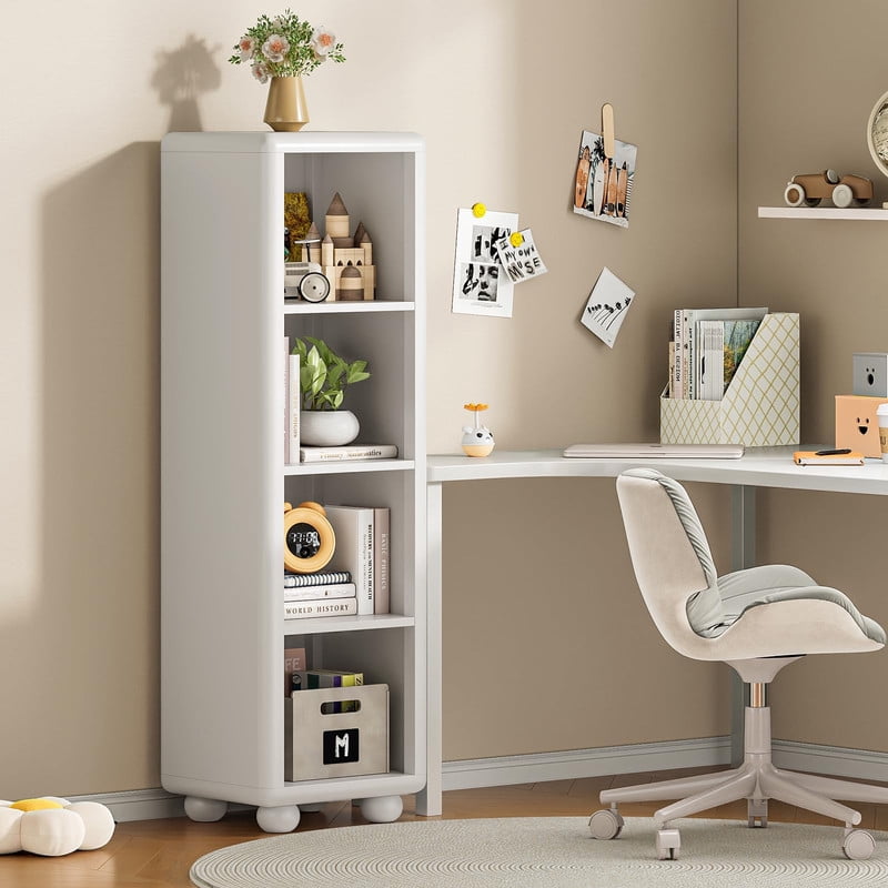 Tall Wooden Bookshelf, 4 Cube Bookcase with Sphere Foot, Freestanding Storage Cabinet, Sturdy Kids Storage Organizer for Living Room Bedroom Playroom Kitchen Bathroom