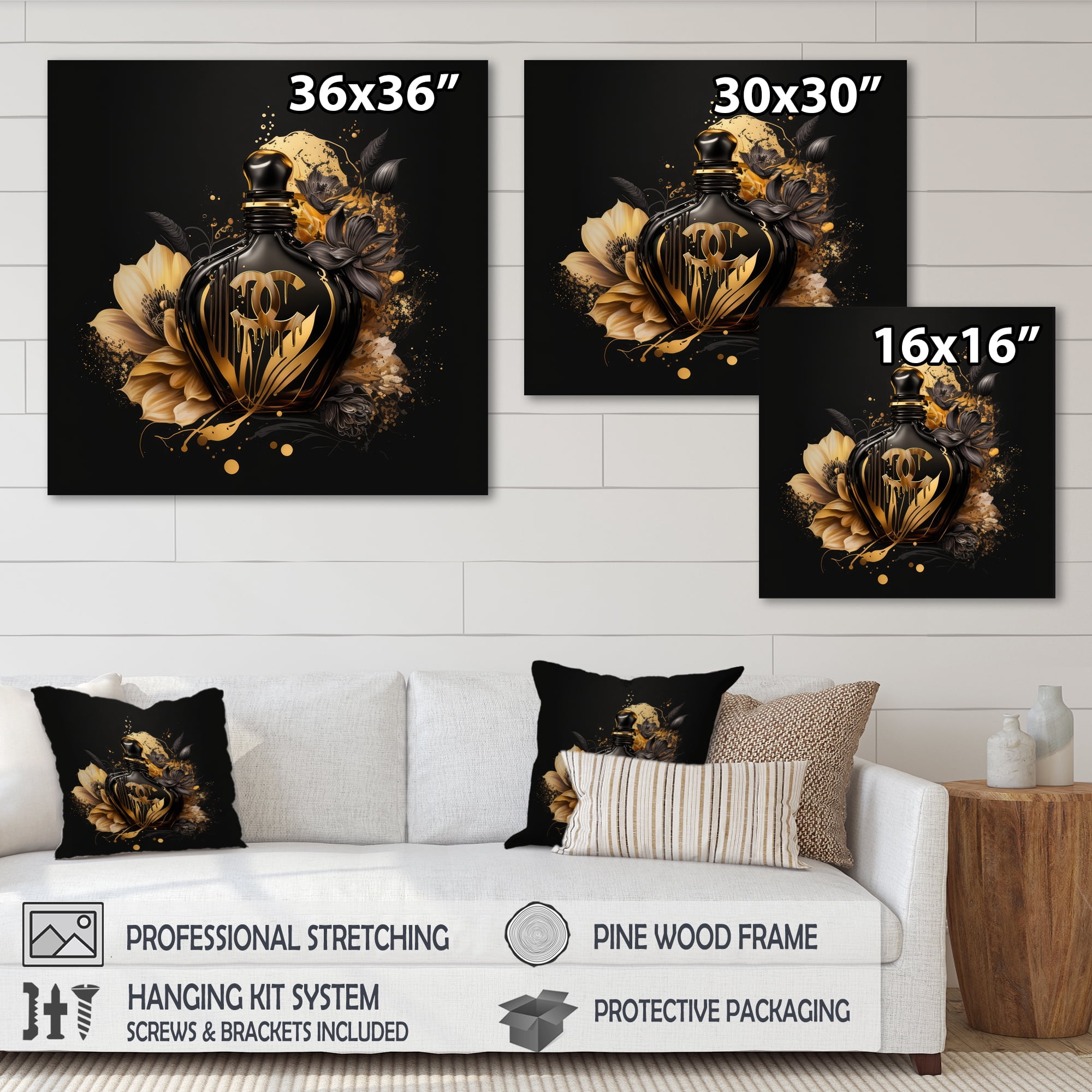 Designart Chic Black And Gold Perfume Bottle VII Canvas Wall Art
