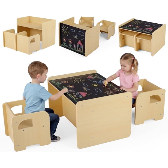 OLAKIDS Montessori Weaning Table and Chair Set, Adjustable Height Kids Activity Desk with Blackboard 2 Chairs for Toddler Aged 1-3, Ideal for Step Stool Drawing Reading