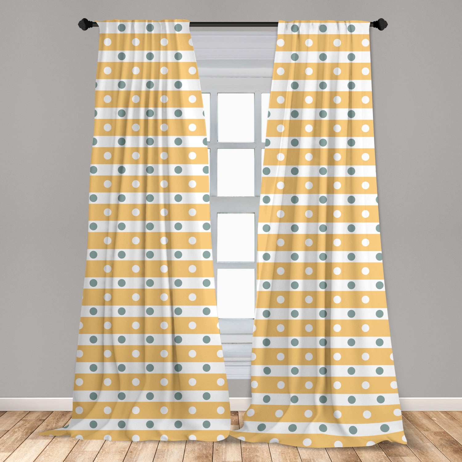 Yellow and White Curtains 2 Panels Set, Horizontal Bold Stripes with