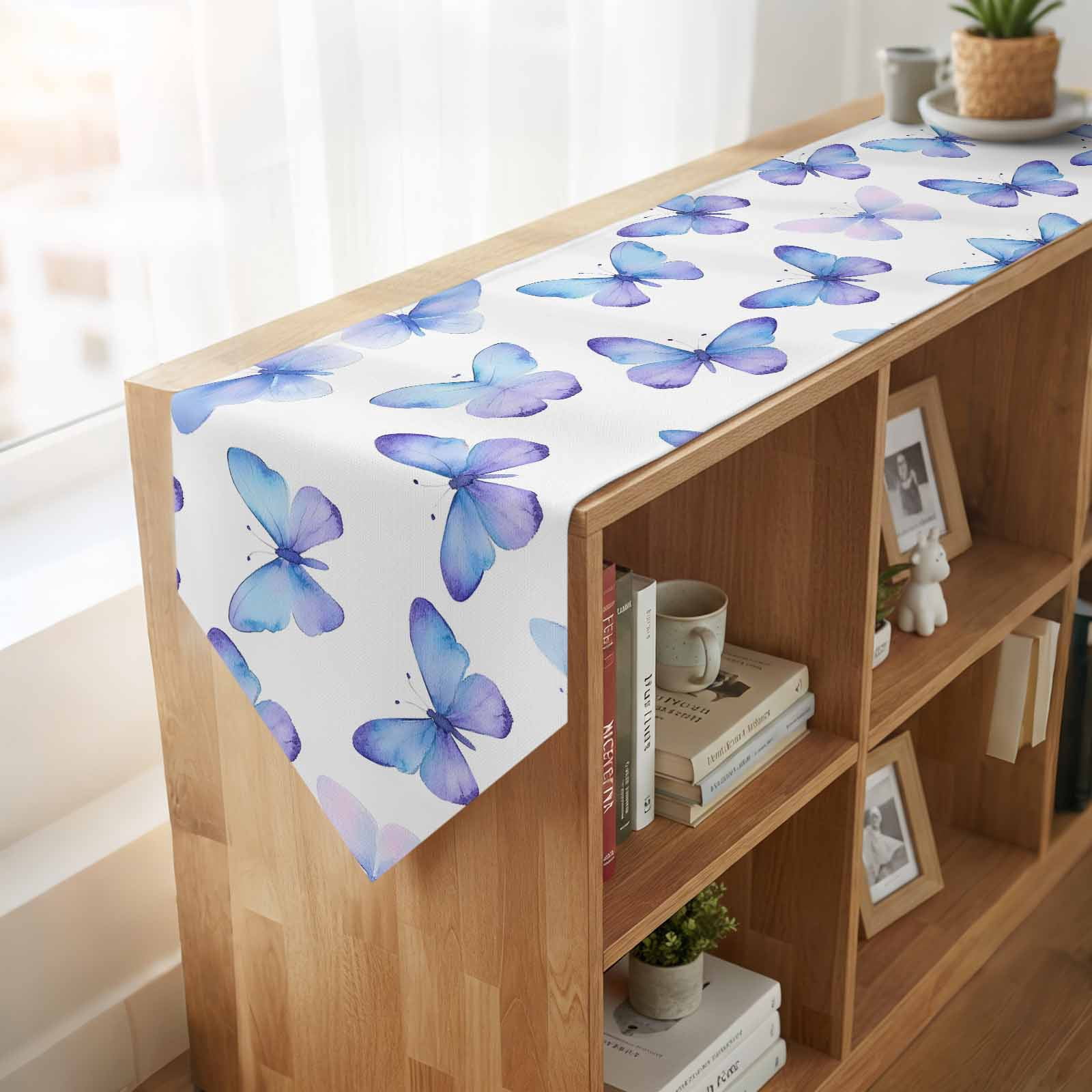 Blue Purple Butterfly Table Runner Linen Burlap Table Runner 90 Inches Long Watercolor Elegance Butterflies Dresser Scarves for Kitchen Island Coffee Dining Party Wedding Holiday Decor 13"x90"