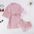 thumbnail image 3 of XIAONU Women's 3 Piece Striped Satin Sleep Set With Lace Trim Belted Robe Camisole And Shorts Soft Elegant Nightwear, 3 of 7