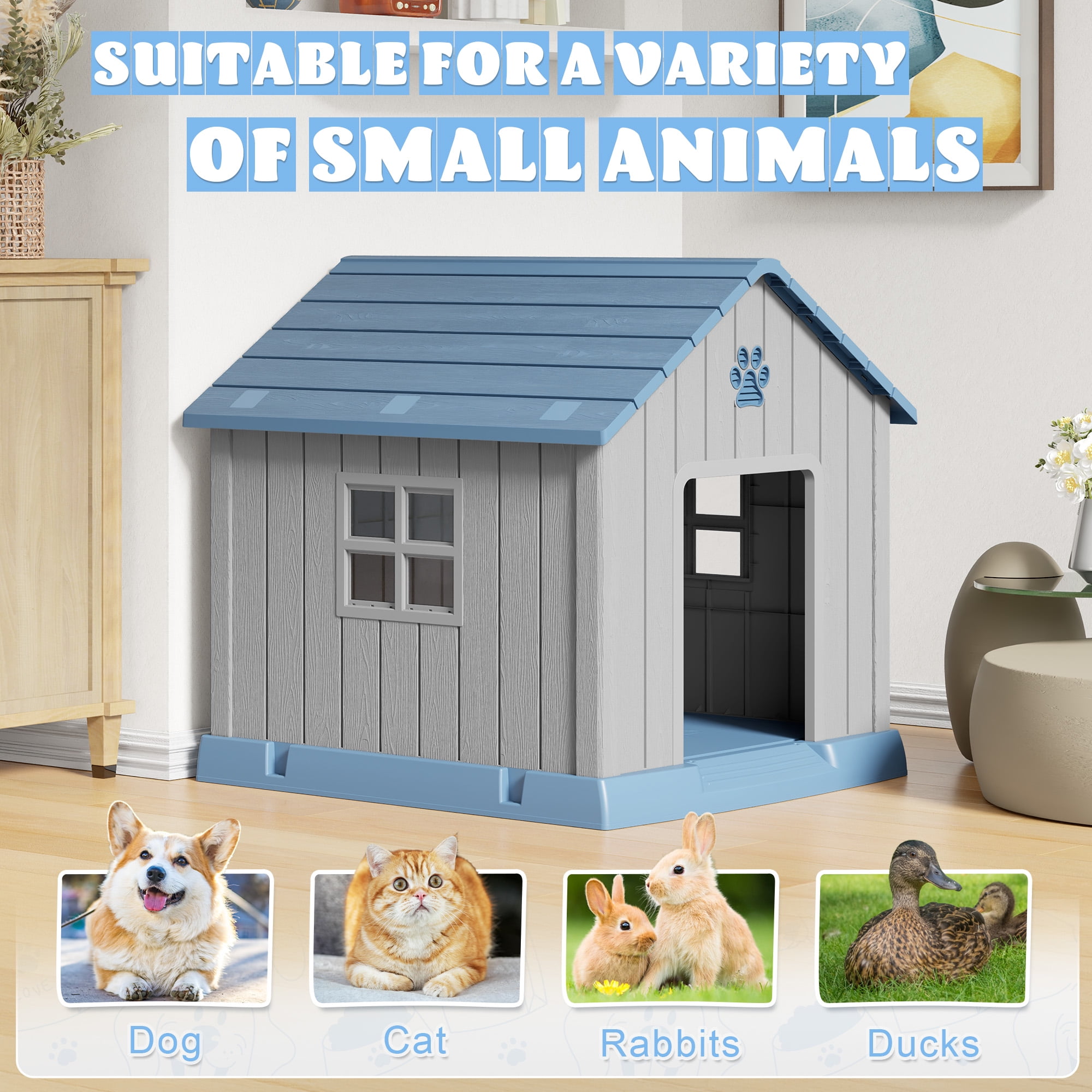 LHBcraft Dog House,Weatherproof Resin Shelter with Air Vents and Elevated Floor for Small-Medium Dogs,Dog kennel for Indoor&Outdoor,Blue,32.3" L x 29.9" W x 32.5" H