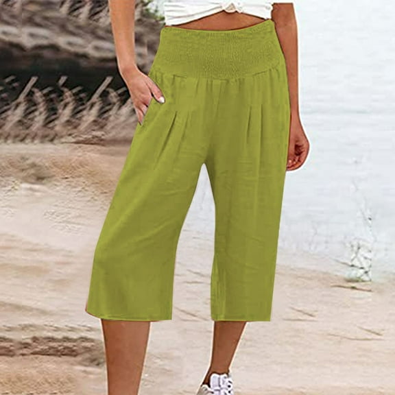 IDALL Capri Pants for Women Linen Pants Women Women Fashionable Elastic Waist Three Quarter High Waist Casual Pants And Sports Pants Sweatpants Women Lounge Pants Women Army Green 3XL
