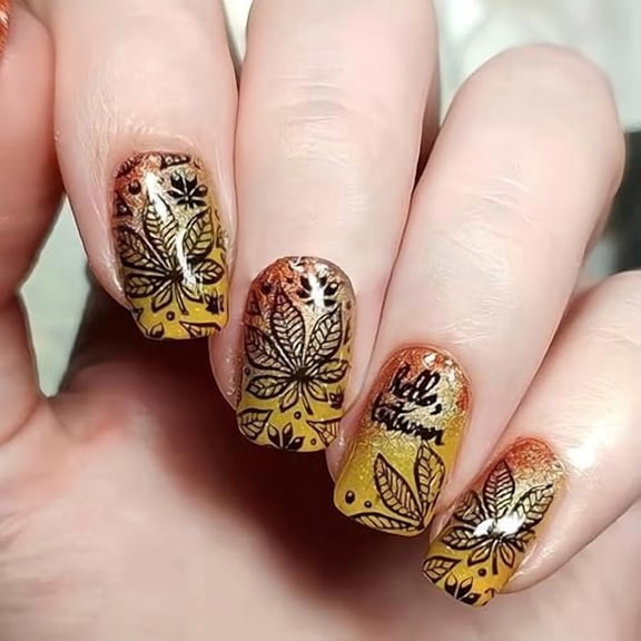 24 count Fall Press Nails Brown Nails Autumn Thanksgiving False Nails Fallen Leaves Glitter Artificial Nails Bling Glitter False Nails Glue Stick for Women