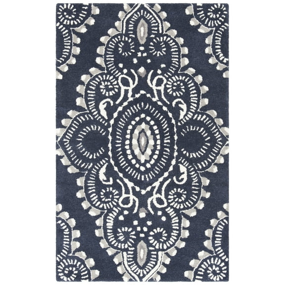 SAFAVIEH Wyndham Pompeii Damask Wool Area Rug, Dark Grey/Ivory, 3' x 5'