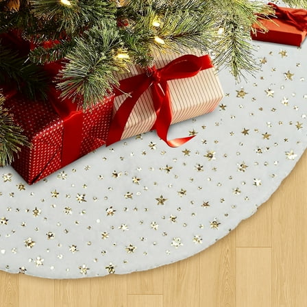 BN-LINK Christmas Tree Skirt, 48 Inch Faux Fur White Tree Skirts with Gold Little Star, Xmas Tree Mat for Holiday Home Decorations