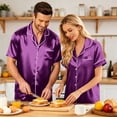 thumbnail image 7 of (Womens） Matching Couple Silk Satin Loungewear Short Sleeve Button Up Shirt Soft Elastic Shorts His And Hers Sets Purple 3XL, 7 of 7