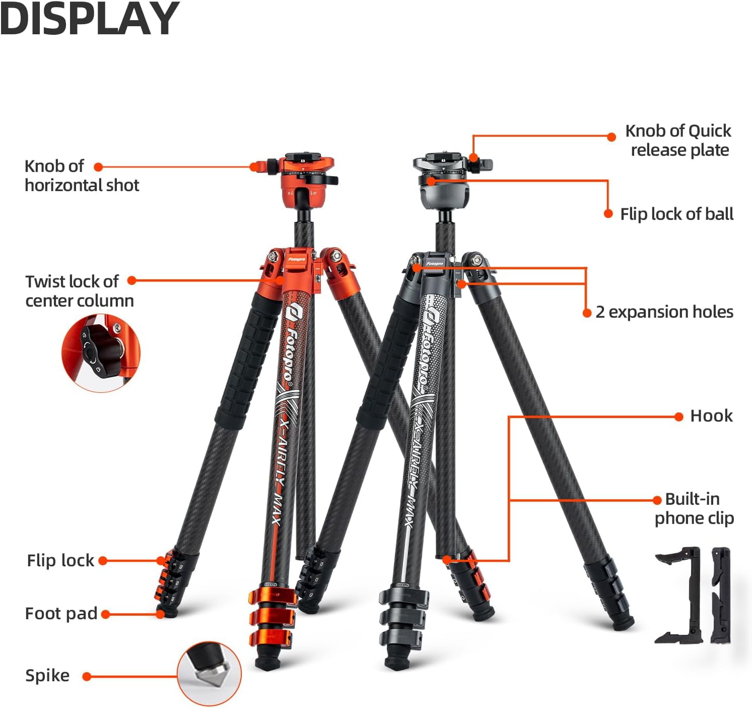 Fotopro X-Airfly Max 65.4" Carbon Fiber Ball Head Tripod, Detachable Monopod, Lightweight Compact Camera Tripod Stand for Travel, Low Angel Shooting, Hidden Phone Clip, Max Load 22 lbs, Orange