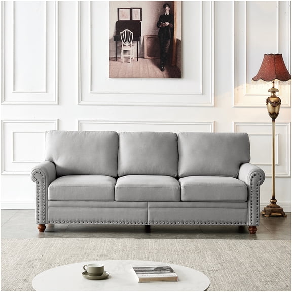 JERFIT Modern Fabric Sofa Couch with Storage, 3-Seater Loveseat with Round Arms and Removable Cushions for Living Room, Bedroom, Apartment, Grey