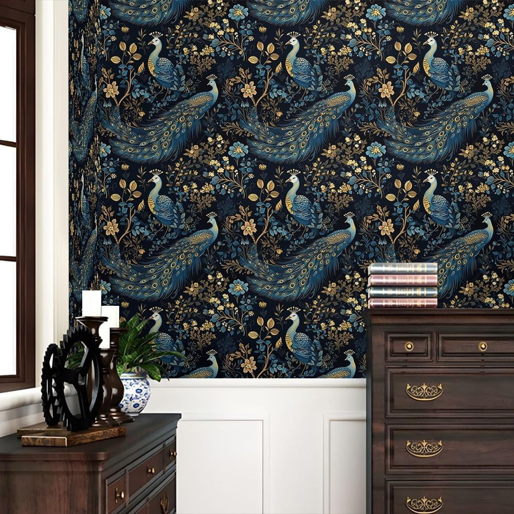 Gold/Yellow/Blue Peacock Animal Plants Dark Black Peel and Stick Wallpaper Stick on Contact Paper Vintage Wall Paper Easy Peel Off for nightstand Drawer Cabinet Renter