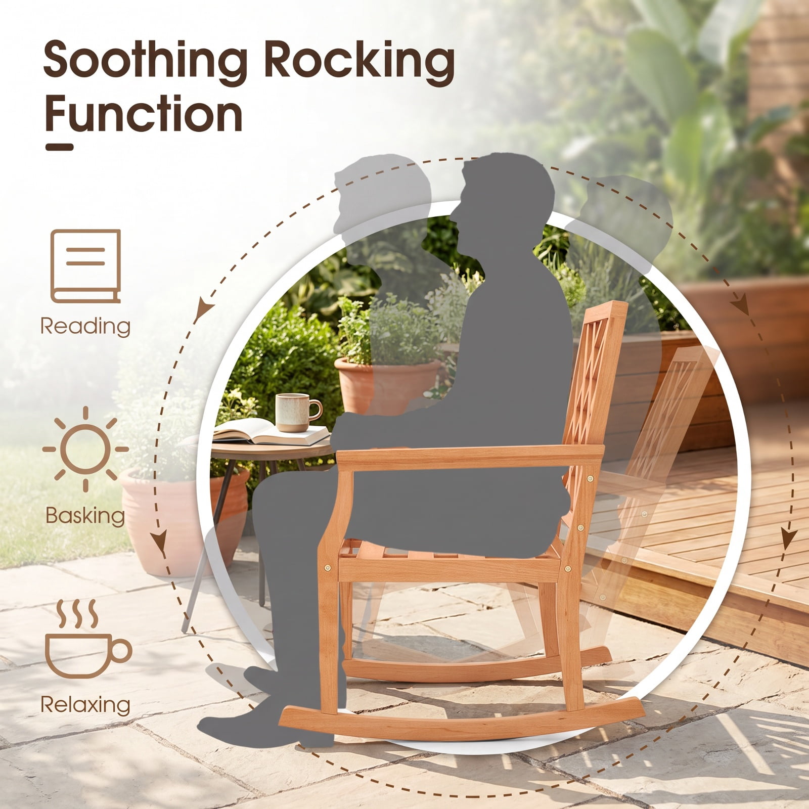Furnibear Outdoor Rocking Chair Solid Teak Wood for Patio Porch Poolside Brown 400 lbs Capacity Weather-Resistant Outdoor Furniture