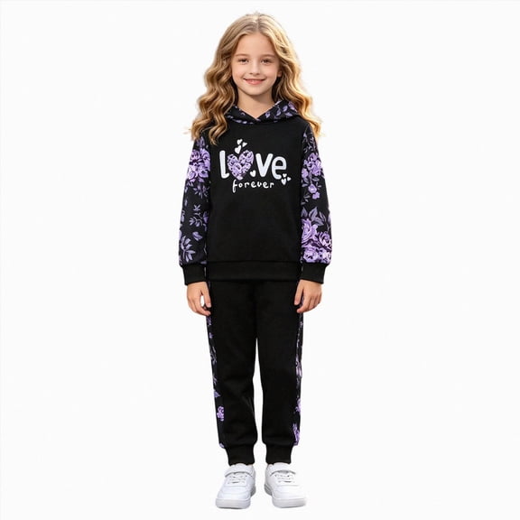 4-5 Years Child Girls 2 Piece Outfits Sweatsuit Set Long Sleeve Sweatshirt Sweatpant Tracksuit Sets Print Hoodie Pants Casual Set