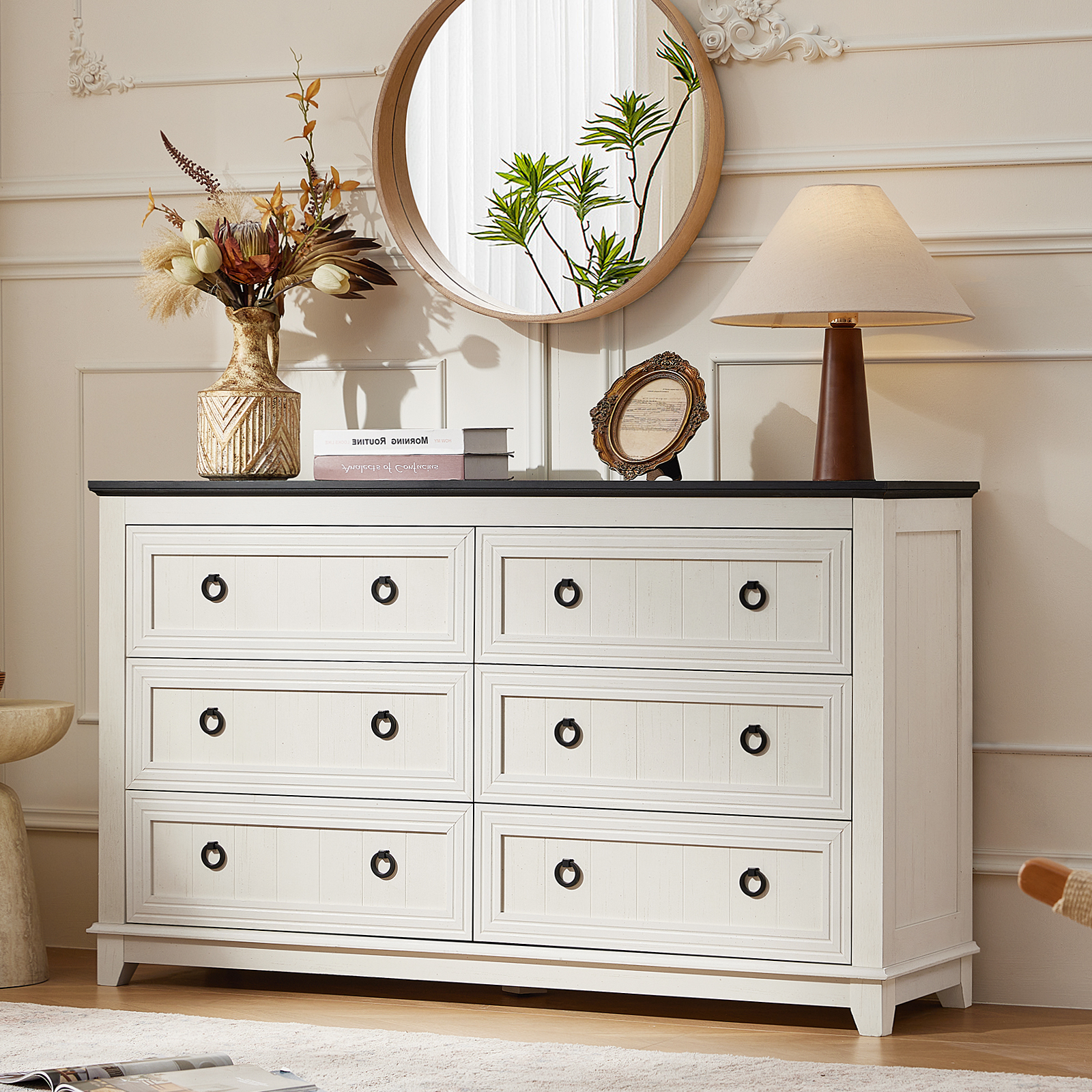 Joaxswe Dresser for Bedroom, Wide Dresser with 6 Drawers and Antique Handles, Chest of Drawers for Living Room, Entryway and Hallway, White