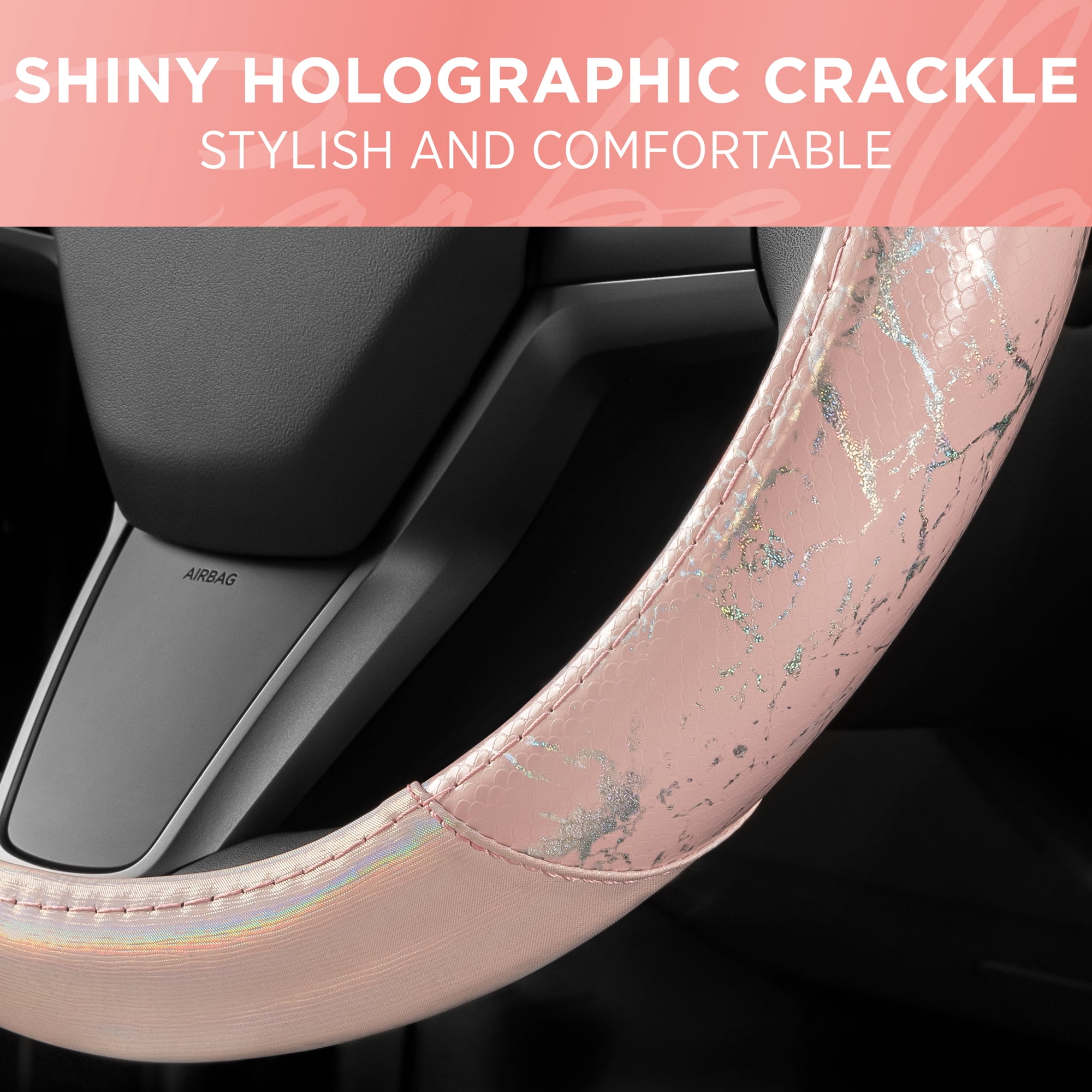 Pink Holo Bling Steering Wheel Cover, Standard 15 Inch Size Fits Most Vehicles, Cute Shiny Crackle Car Steering Cover with Holographic Foil Glitter Like Detail, Car Accessories for Women