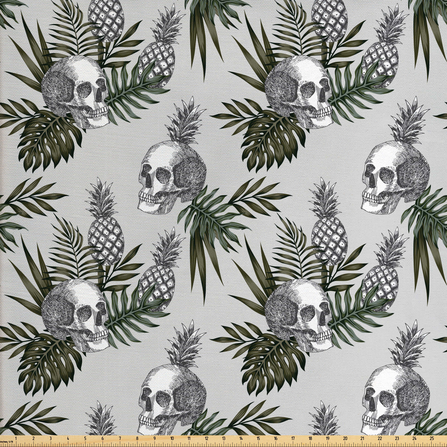 Skull Fabric by The Yard, Goth in Tropical Pineapples Leaves Modern