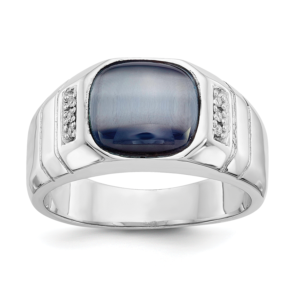 Ring Gemstone 10K White Gold Men's Grey Onyx Cat Eye and Diamond Ring