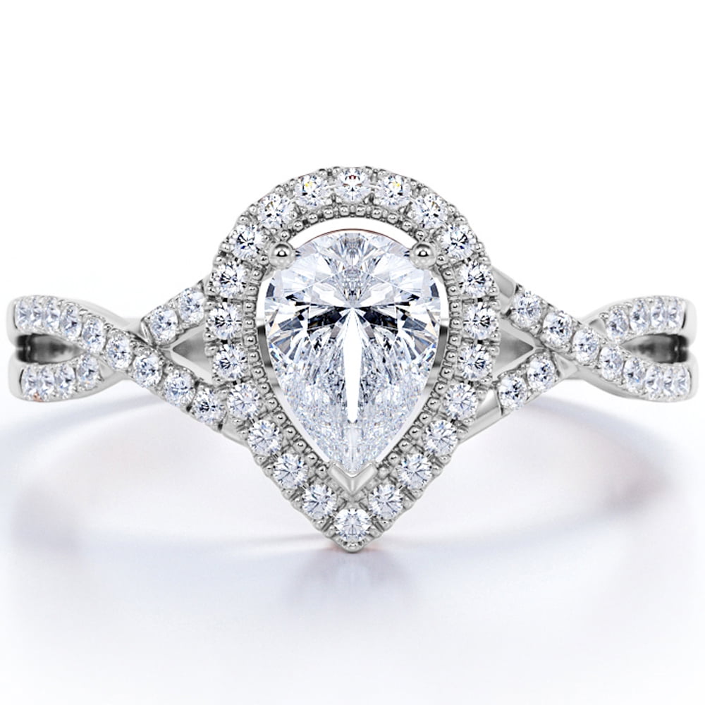 JeenMata Milgrain Halo 1.75 Carat Pear Cut Moissanite Infinity Twisted Shank Pave Engagement Ring In 18K White Gold Plating for Women