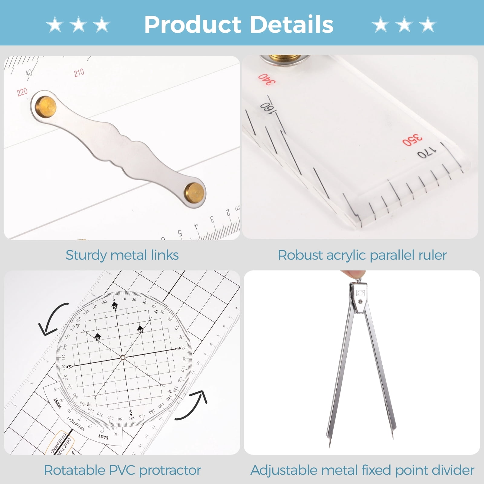 3 Pcs Transparent Basic Navigation Set, Including Nautical Protractor, Marine Navigation Parallel Ruler, Navigation Divider with Fixed Points, Marine Accessories with Clear Scales for Boat