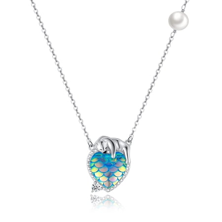 TRISHULA 925 Sterling Silver Polar Bear Necklace with Blue Heart, Mermaid Scale Pearl Jewelry Gift