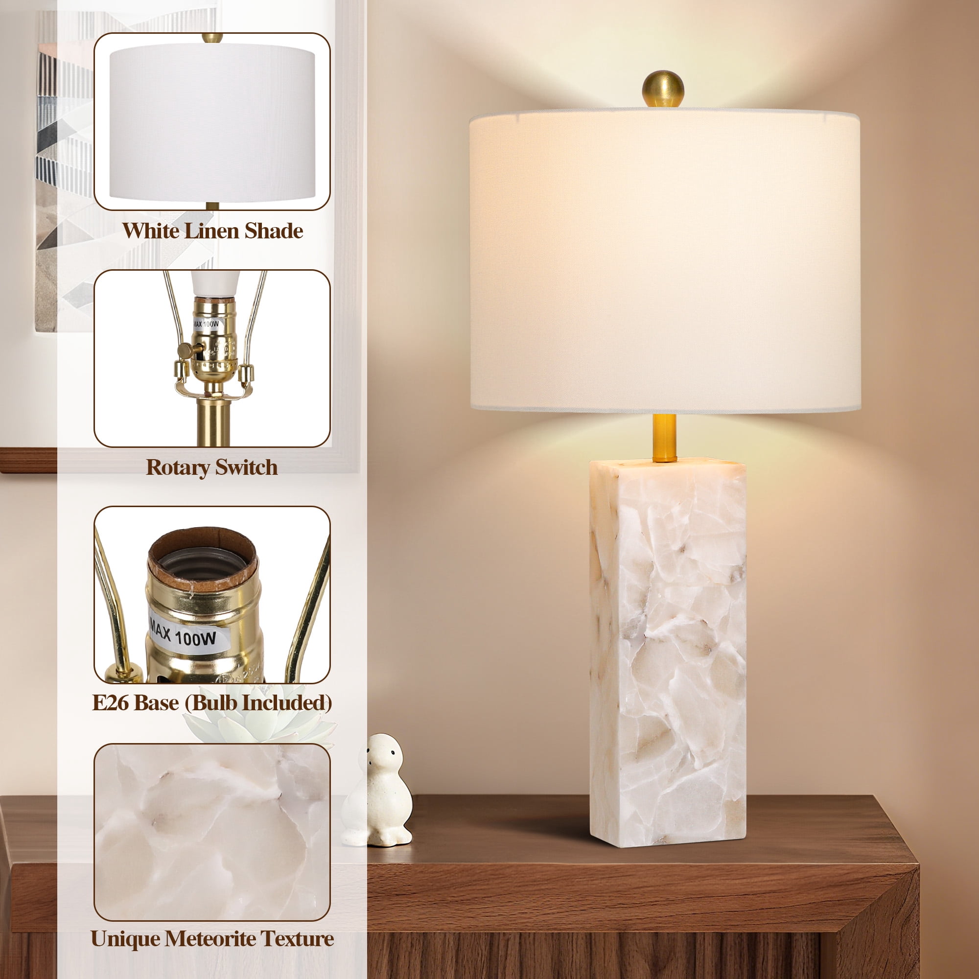 26.5in Alabaster Lamp, Marble Lamp Nightstand Lamp Bedside Desk Lamp with White Linen Lampshade for Bedroom Living Room Office