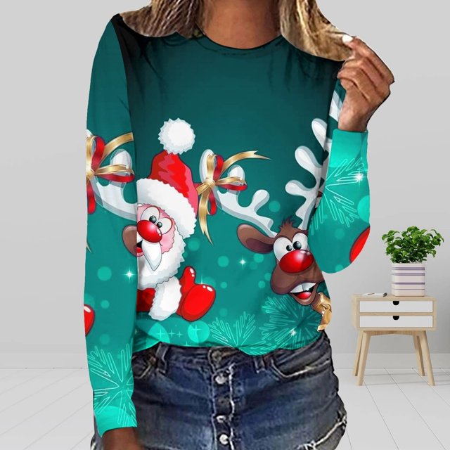 Pntutb - Camiseta holgada con estampado de moda para mujer, blusa de manga larga, cuello redondo, tops casuales Pntutb Pntutb-1475
