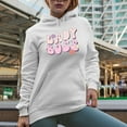 thumbnail image 2 of Lady Boss, Retro Groovy Wavy Text Art Merch Gift, White Hooded Sweatshirt or Hoodie, Small, 2 of 5