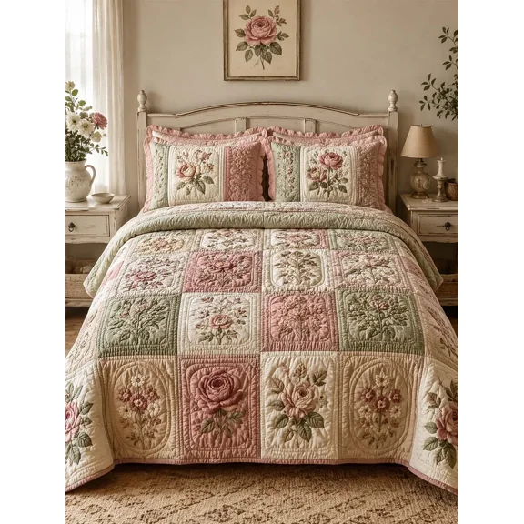Cottagecore Floral Pink 3-Piece Quilted Bedding Set