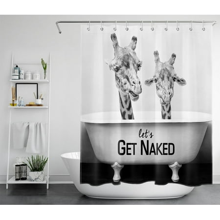 HVEST Get Naked Shower Curtains for Bathroom, Funny Wild Animal Giraffe in Bathtub Black and White Bathroom Curtain, Farmhouse Fabric Bath Curtain Polyester Waterproof with Hooks, 60x72 Inches