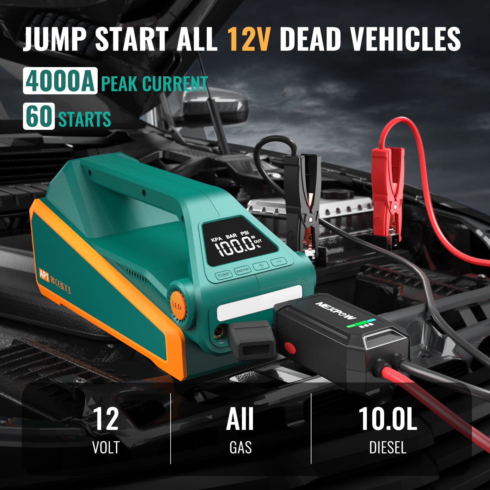 NEXPOW Jump Starter with Air Compressor, 4000A Car Battery Jump Starter, 150PSI Portable Tire Inflator, 12V Jump Box Battery Booster(All Gas/10L Diesel Engine), Green