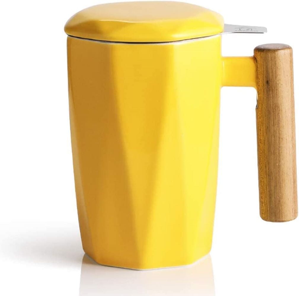 SWEEJAR Porcelain Tea Mug with Infuser and Lid,Wooden Handle Tea Cup