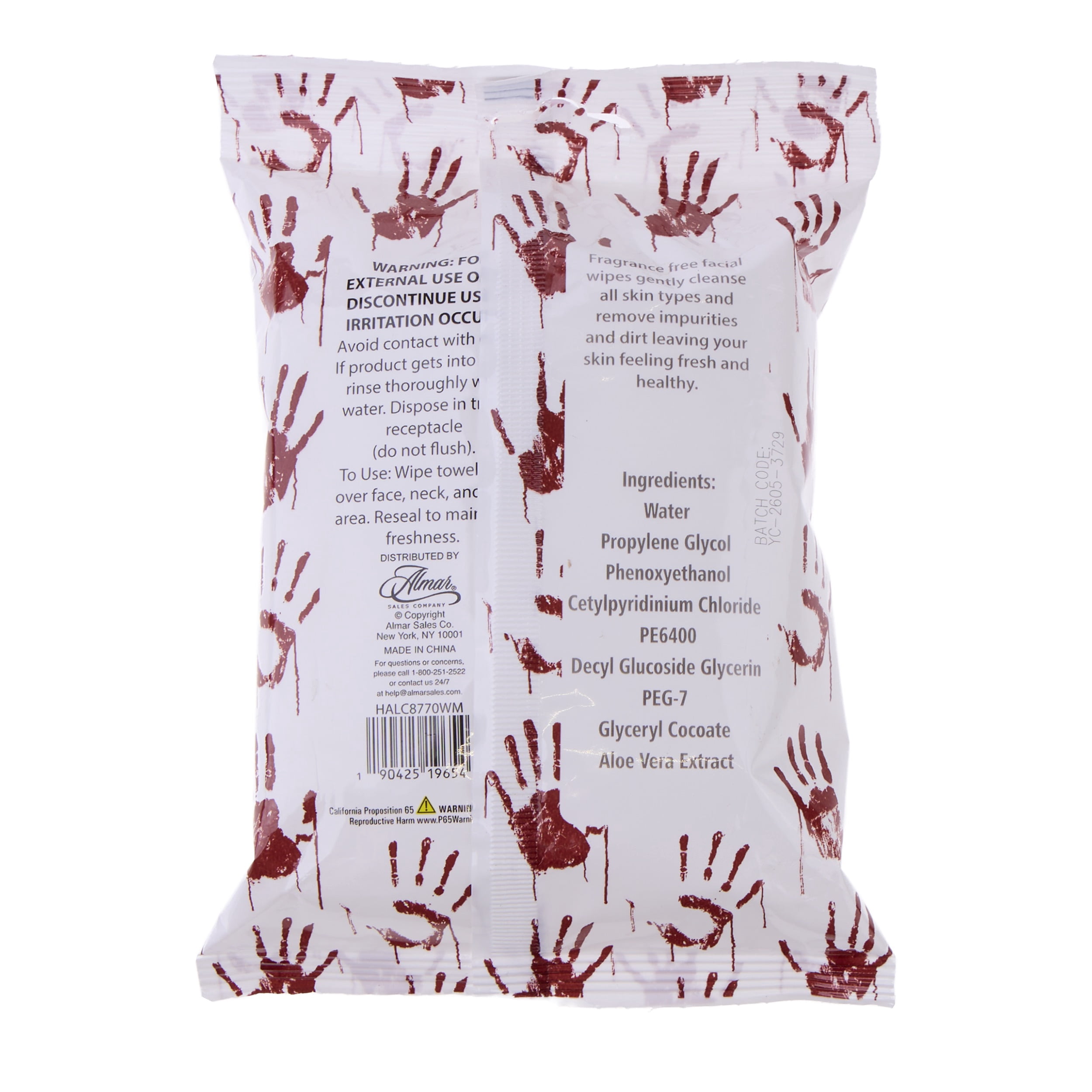 25 Count Makeup Removing Wipes Bloody Hands Packaging, Almar