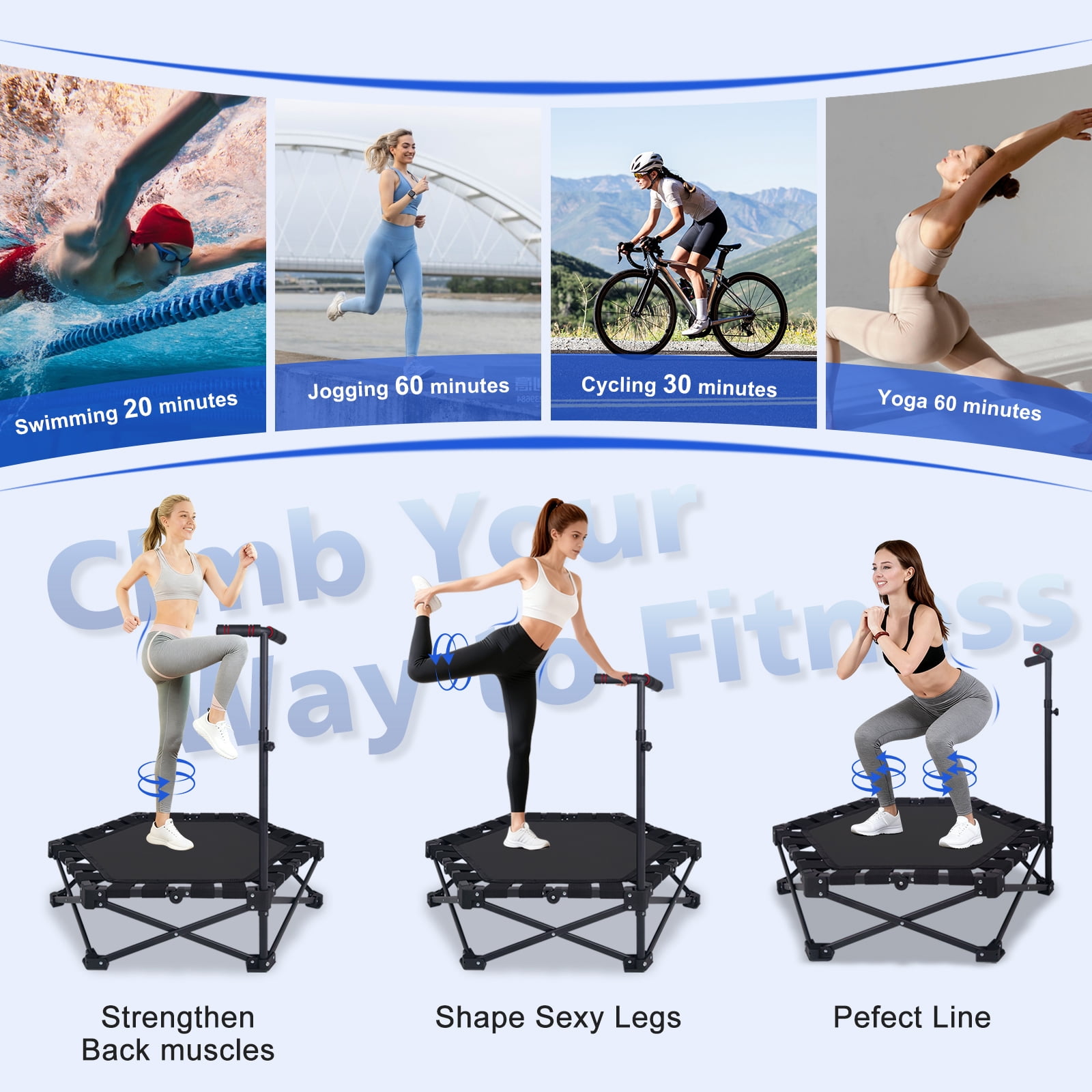HooKung 37" Foldable Mini Trampoline, One-Step Fold & Open, Rebounder Trampoline for Adults, 330lbs Max Load, 3-Level Adjustable T-Bar, Indoor & Outdoor Workout