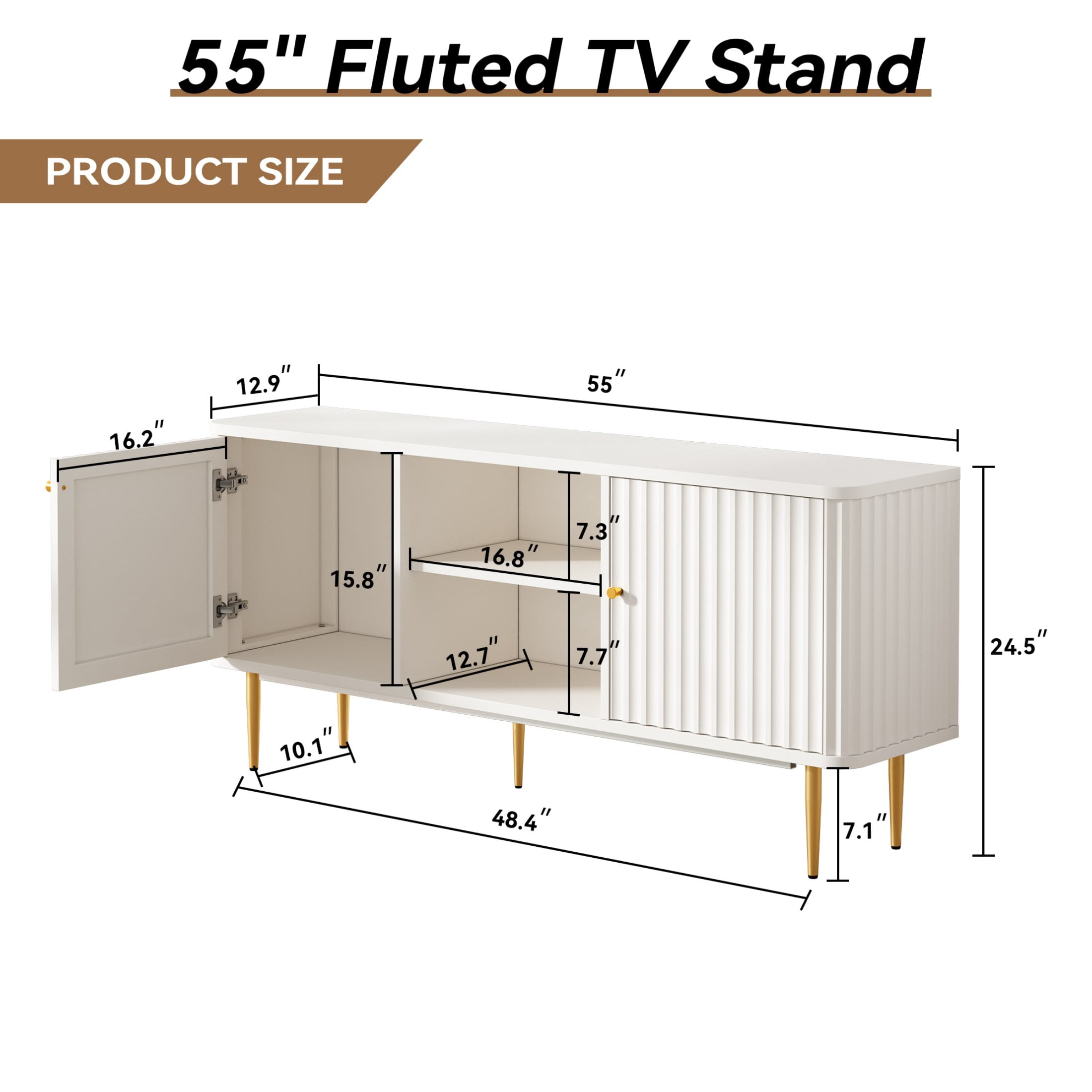 HLR Modern Fluted 55" TV Stand for 65 Inch TV with Storage, Entertainment Center for Living Room, White