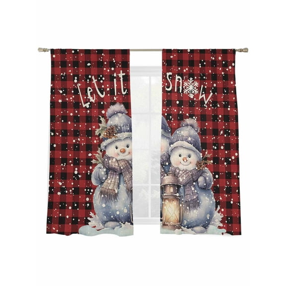 Christmas Cartoon Sheer Curtains 2 Panels Set, Snowman Red Black Plaid Window Sheer Curtains for Living Room/Bedroom, Light Filtering Rod Pocket Voile Drapes, 52" W x 72" L