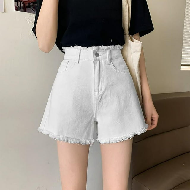 LOVZFMLL Short en Denim Taille Haute Uni pour Femme avec Design à Franges Blanc P