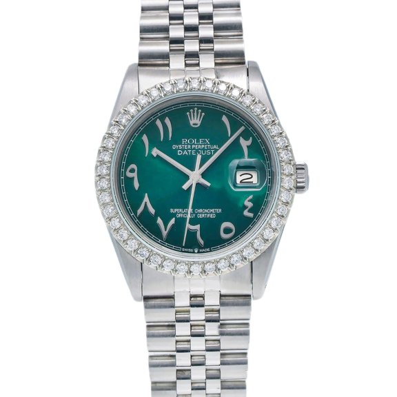 Pre-Owned Rolex Datejust 36MM 16014 Green Eastern Arabic Dial Diamond Bezel Stainless Steel Jubilee Bracelet