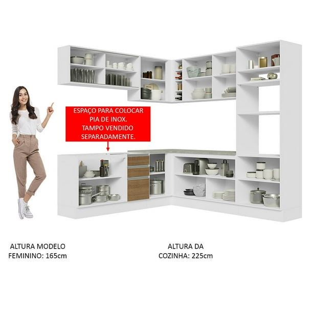 Cocina Integral de Esquina 459cm Glamy Madesa 01 Blanco/Marrón