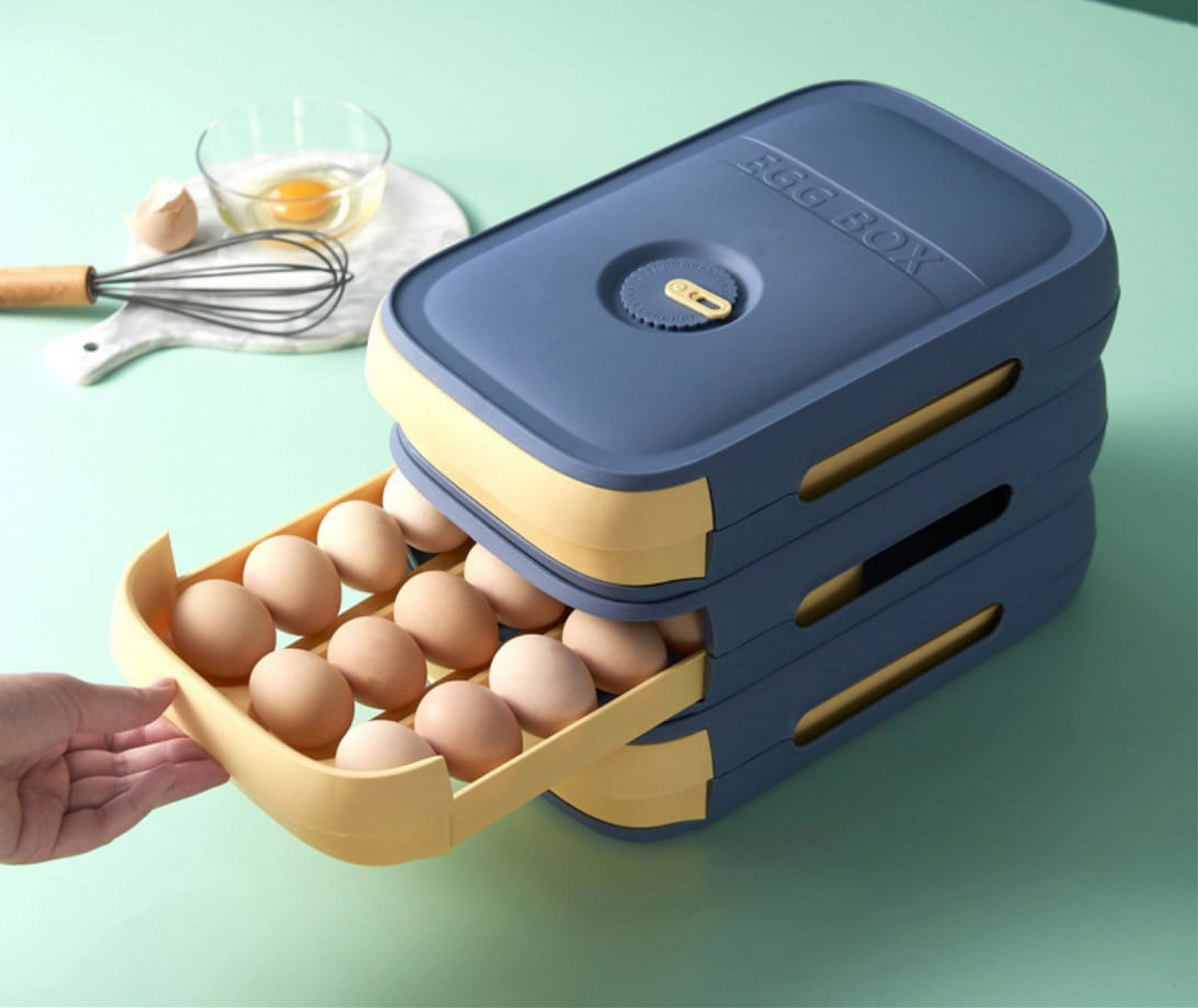 HAOSHICS Rolling Egg Holder Countertop Auto Scrolling Egg Tray for Refrigerator (18-21 Eggs) Stackable Plastic Egg Container Drawer Type Storage Rack Box for Kitchen