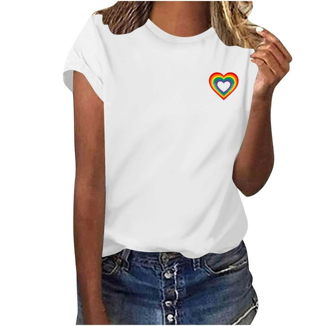 Wzzjkit T-Shirt Femme Col Rond en Forme de Cœur Imprimé Manches Courtes Décontracté Ample