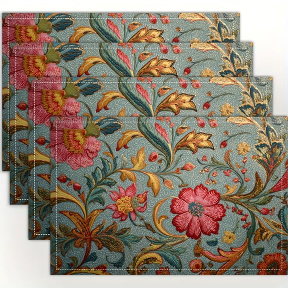 4pcs Indian Placemats - Vintage & Indian Motifs Table Mats, Hand-Painted/Printed Tableware for Dining Table Decor, Kitchen, Parties (12x18 Inch) - Elegant Table Setting Suitable for Home Decor