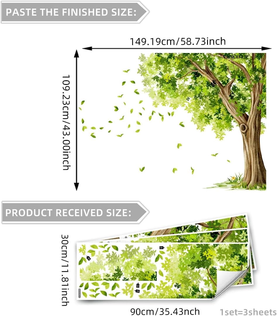 Large Green Leaves Tree Wall Decals, Dense Leaves Tree Wall Stickers for Living Room Bedroom Dinning Room, 58.73 x 43.10 inches