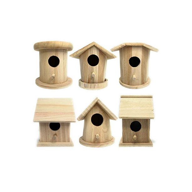 6 Wooden Birdhouses for Crafts Unfinished Natural Wood 5Inches (6
