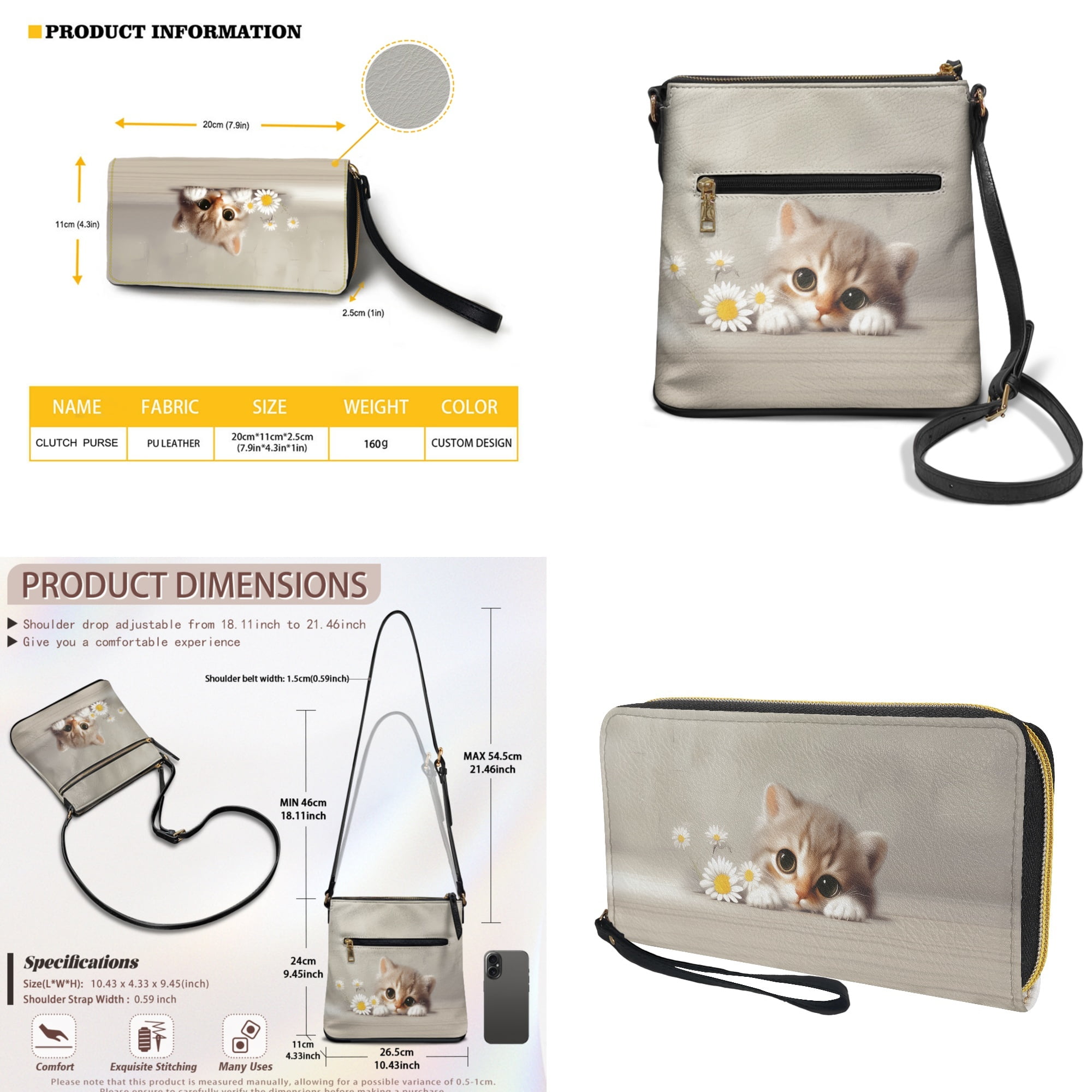 ZUXONGSY Cat Daisy Flower Print PU Leather Crossbody Hobo Bag & Wallet Set for Women, Spacious Satchel with Adjustable Strap for Work & Travel