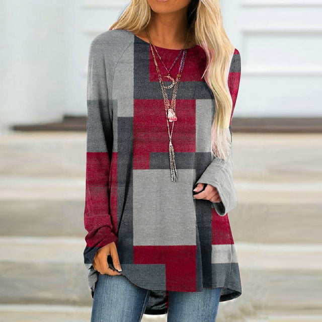 Meichang Tuniques pour Femmes Tendance T-Shirt à Blocs de Couleur Blouse Décontractée à Col Rond Chandails Amples à Manches Longues Tuniques à Enfiler à Imprimé Géométrique