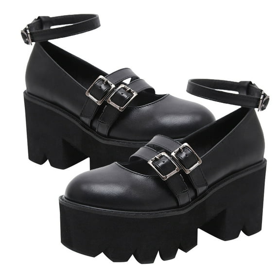 Masteelf Heels Lace Round Toe Chunky Heel Leather Shoes Thick Heel Shoes Woman 7 Black