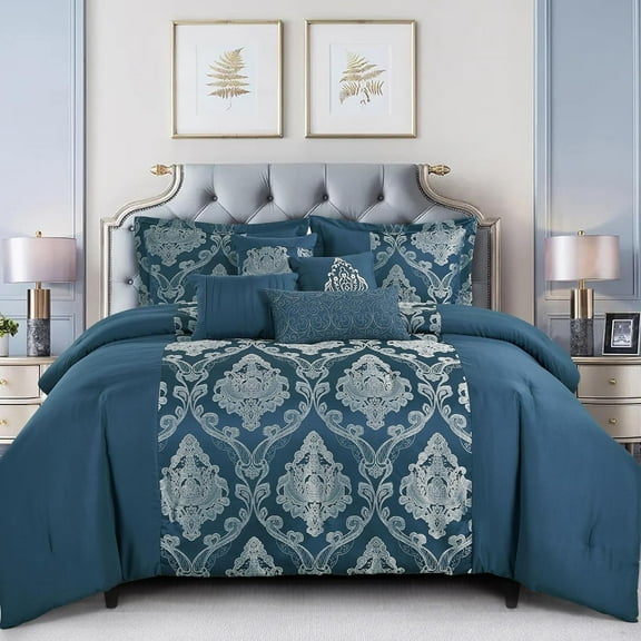 ESCA 7-Pieces Blue and Silver Comforter Set - Queen Size, Medallion Embroidery, Clip Jacquard Design Bedding Set