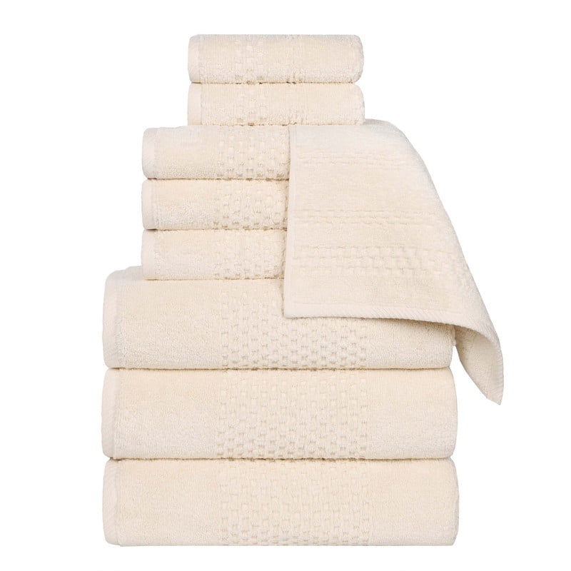 Superior Playa Zero Twist Cotton Solid Waffle Textured 9 Piece Towel Set, Ivory